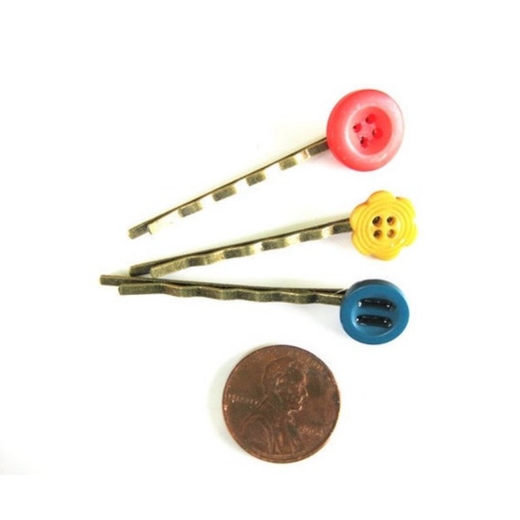 Dark Teal, Yellow, and Red Button Bobby Pin Set - Picture 4 of 6